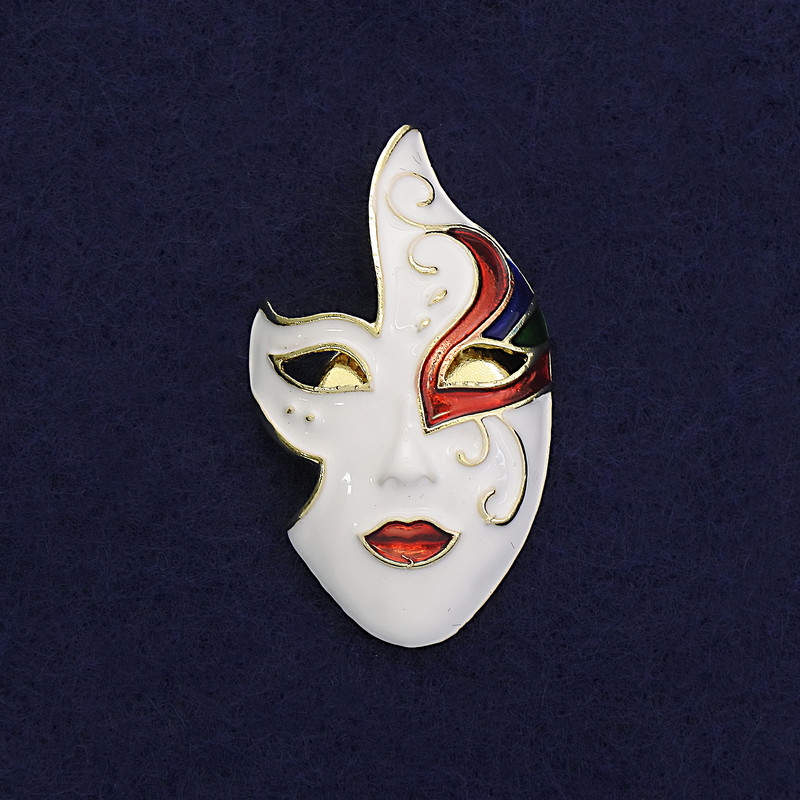 Brooch Mask white black red enamel gold-tone metal 40×23mm+- on magnet