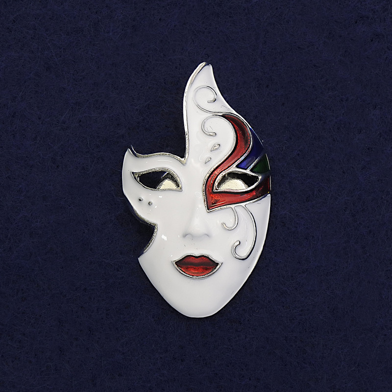 Brooch Mask White Black Red Enamel Silver-Colored Metal 40x23mm+- on Magnet