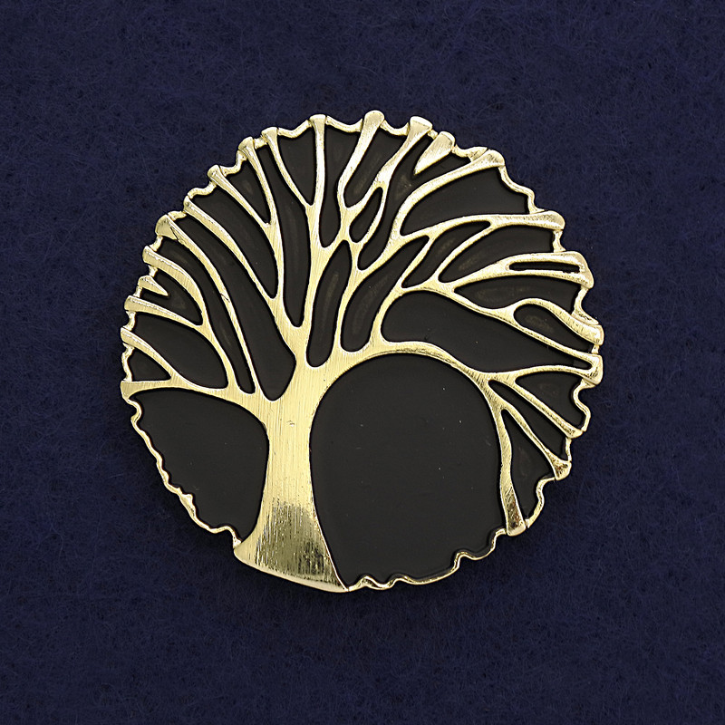 Brooch Tree dark matte black with golden metal, diameter 40mm± on magnet
