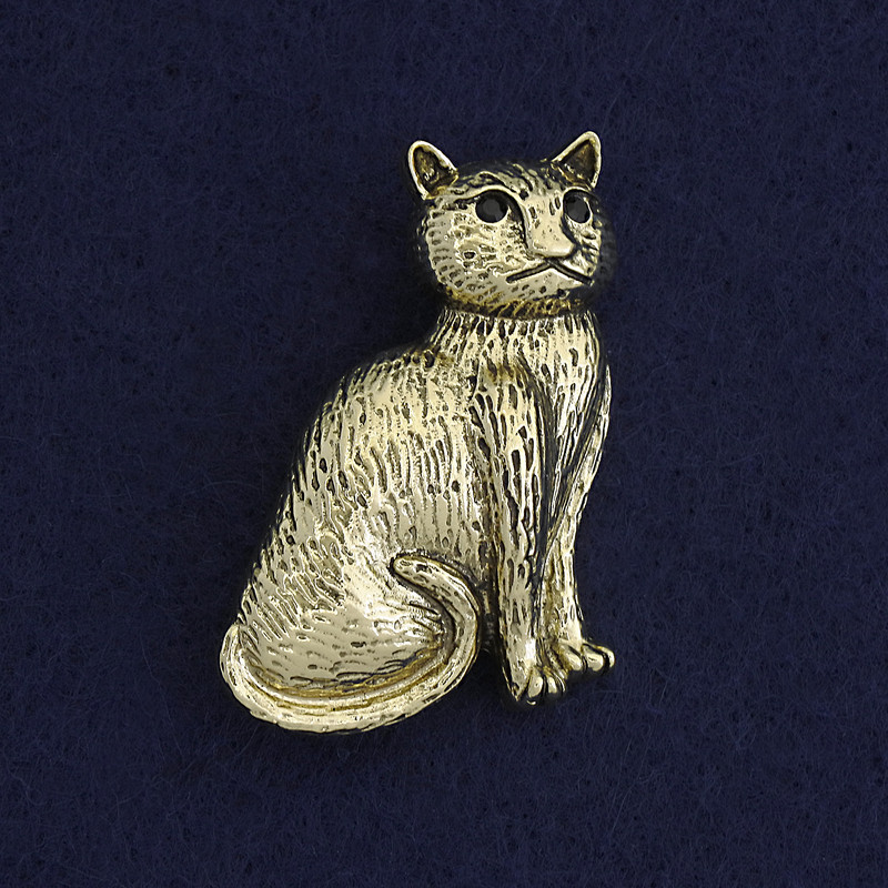 Brooch Pendant Cat with Black Rhinestones, Dark Gold Tone, Gold Metal 45x25mm+