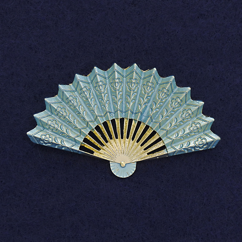 Brooch 'Fan' with blue enamel, golden metal 54×33mm+