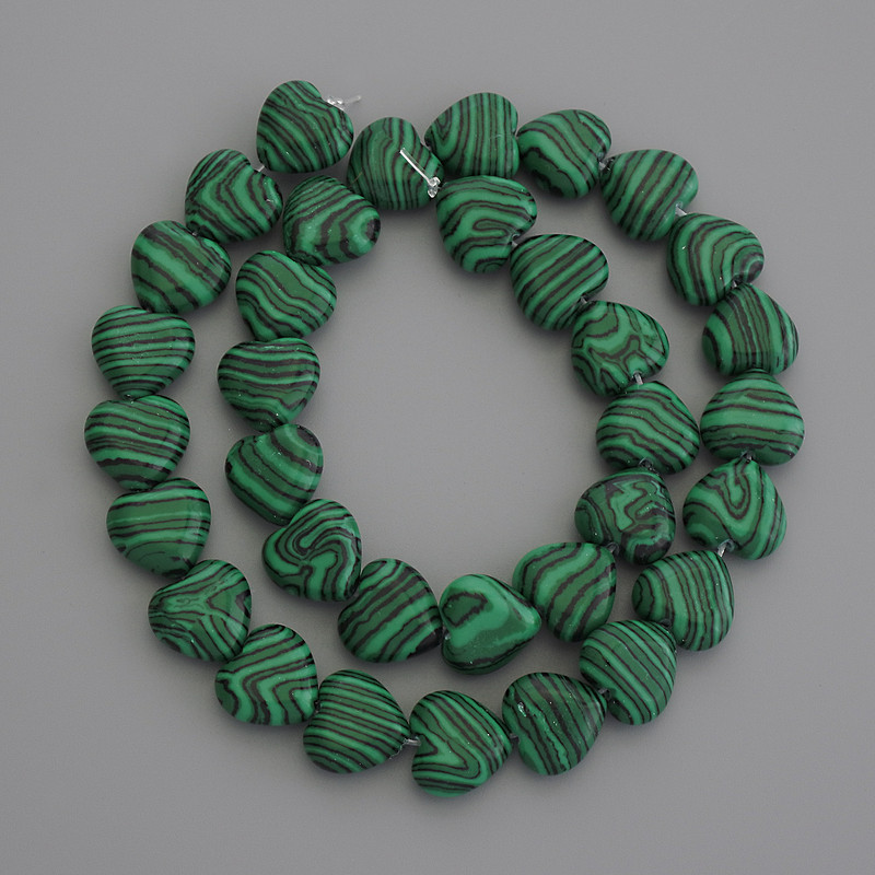 Malachite Heart Beads, 12x12mm±, on a thread, 36cm+ length