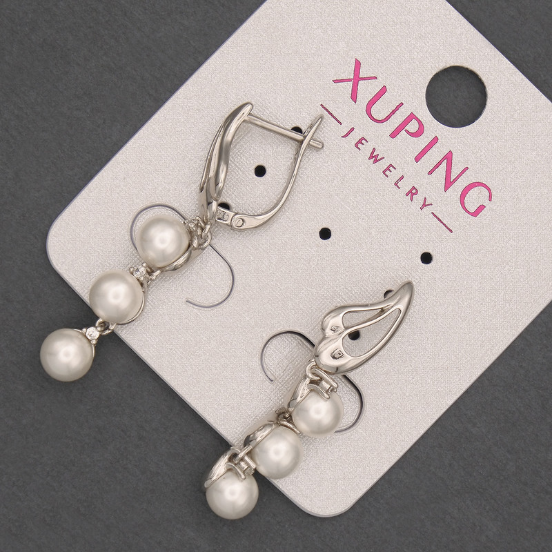 Xuping Rhodium Earrings with Pearl, 6 mm Diameter and White Crystals, 37 mm Length +