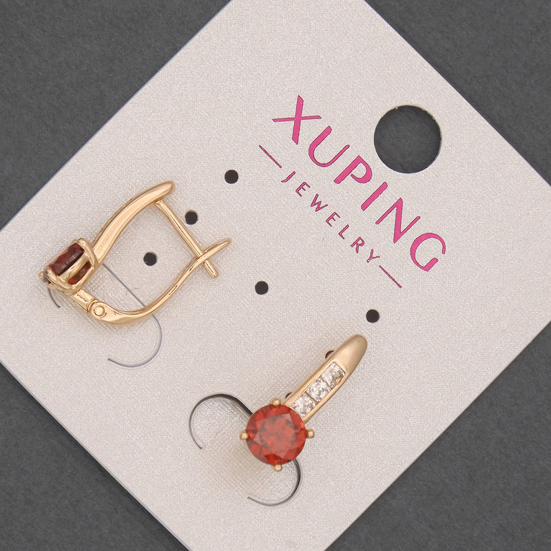 Xuping Earrings with White Crystals and Red Stones, 6mm± Main Diameter, 16mm± Length, 18K Gold Plating
