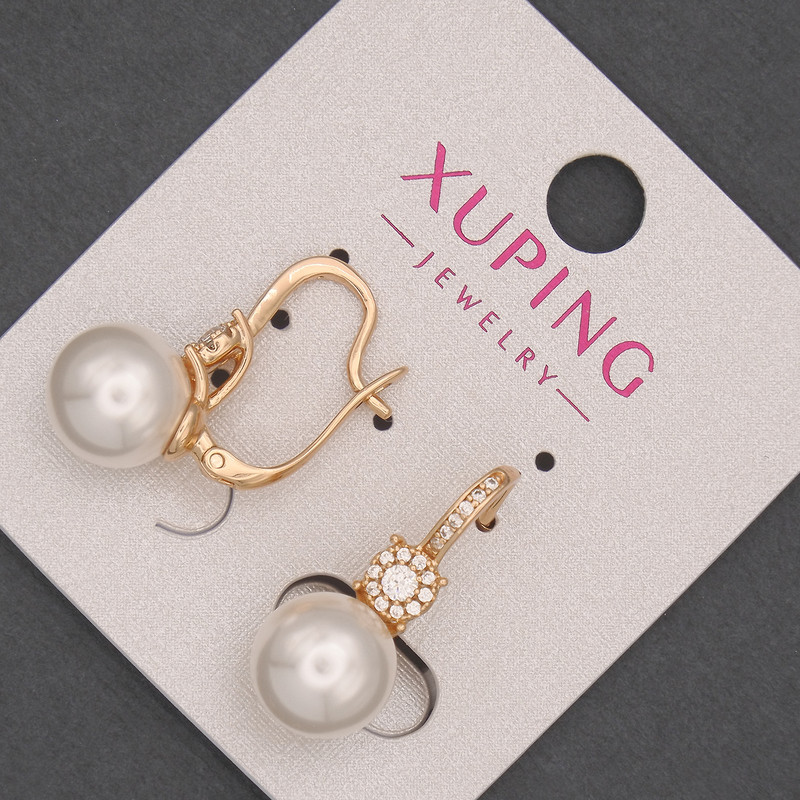 Xuping Earrings with Mallorca Pearl and White Crystals, 10mm ± Bead Diameter, 24mm ± Length, 18K Gold Plating