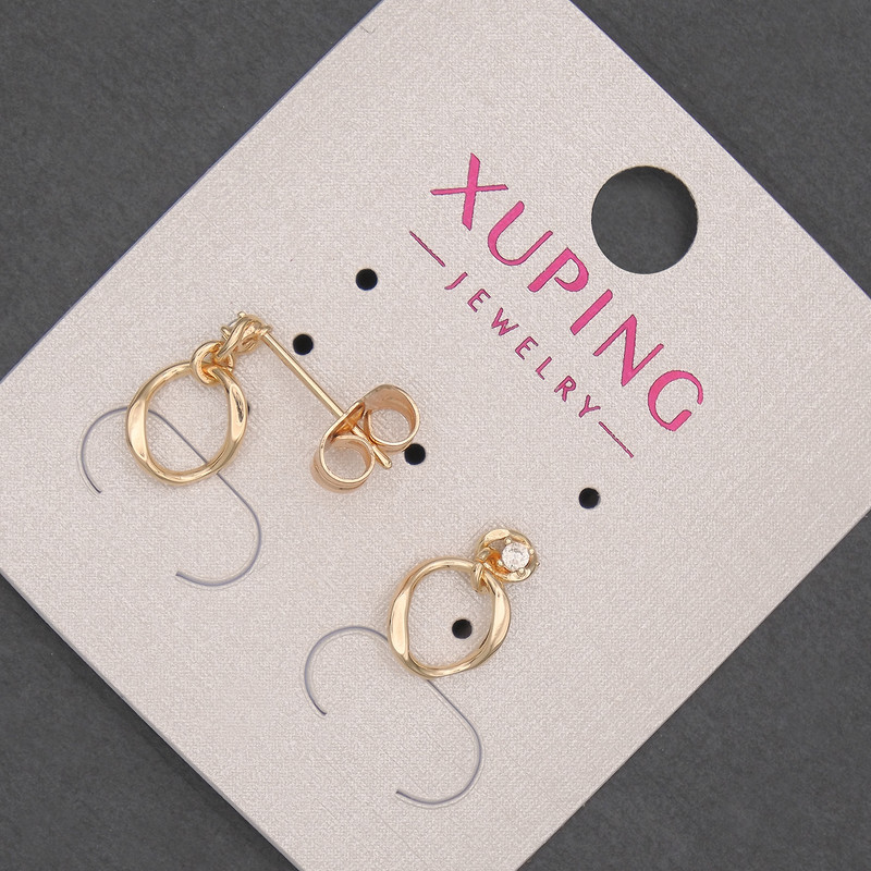 Xuping Stud Earrings with White Rhinestones, 8mm Diameter, 12mm+ Length, 18K Gold Plated