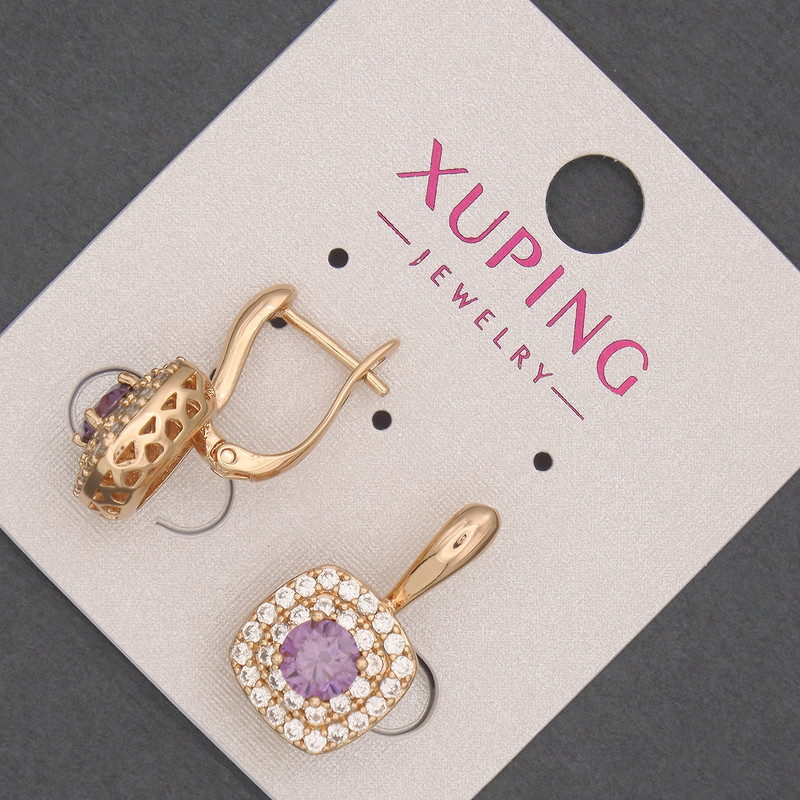 Earrings Xuping with White Rhinestones and Purple Crystal, 12mm Ø ±, Length 20mm ±, 18K Gold Plating