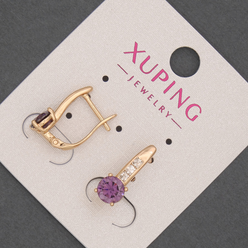 Xuping Earrings with White Rhinestones and Purple Crystal, 6mm diameter ±, length 17mm ±, 18K Gold Plating