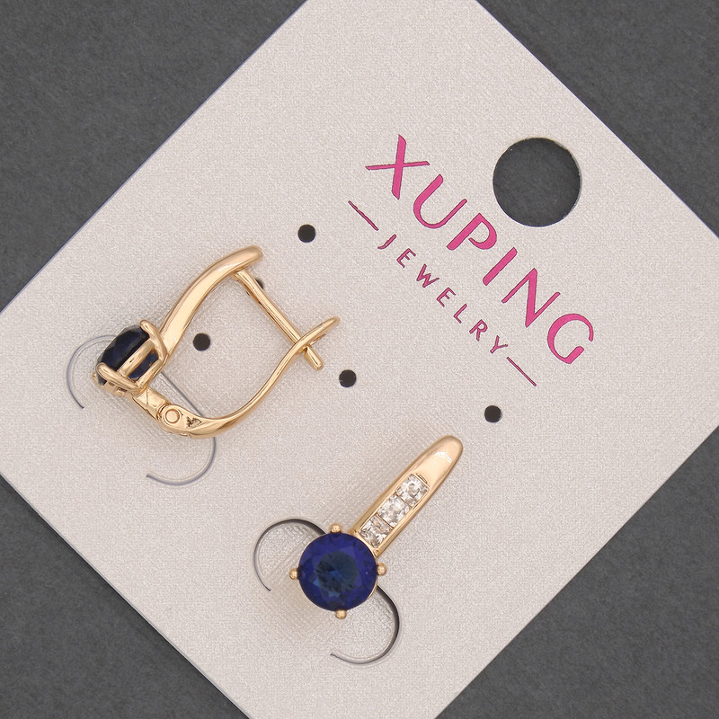 Xuping Earrings with White Crystals and Blue Stone, 6mm Ø, 17mm length, 18K Gold Plating