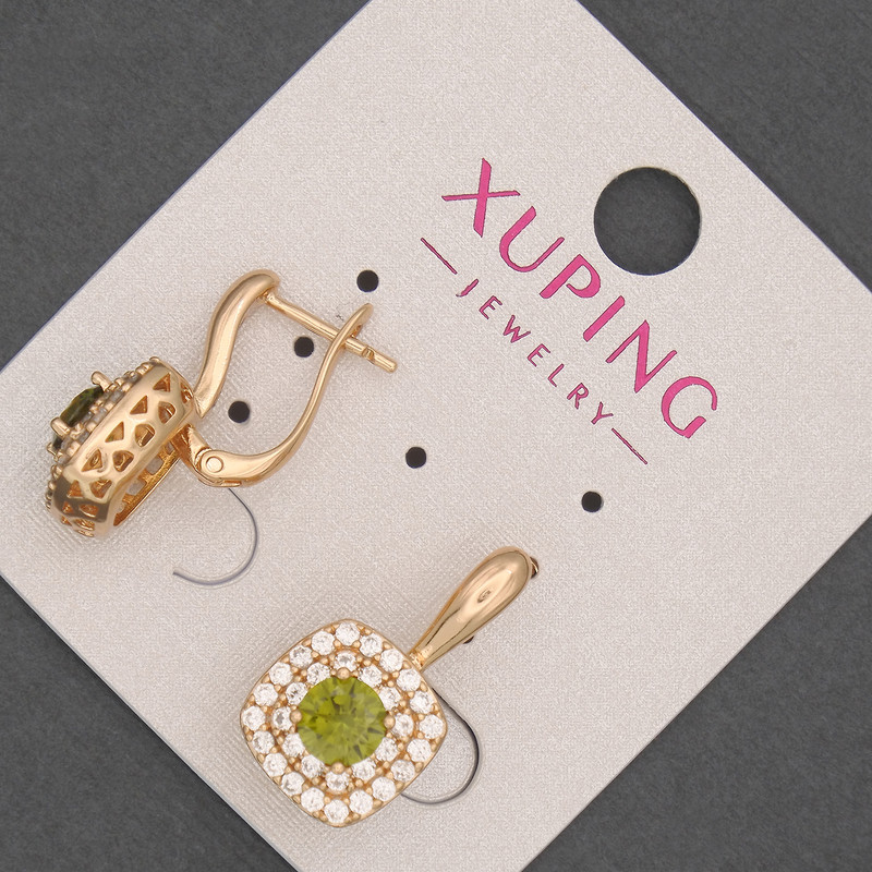 Xuping Earrings with White Cubic Zirconia and Olive Green Crystal, 12mm Ø ±, 20mm Length ±, 18K Gold Plating