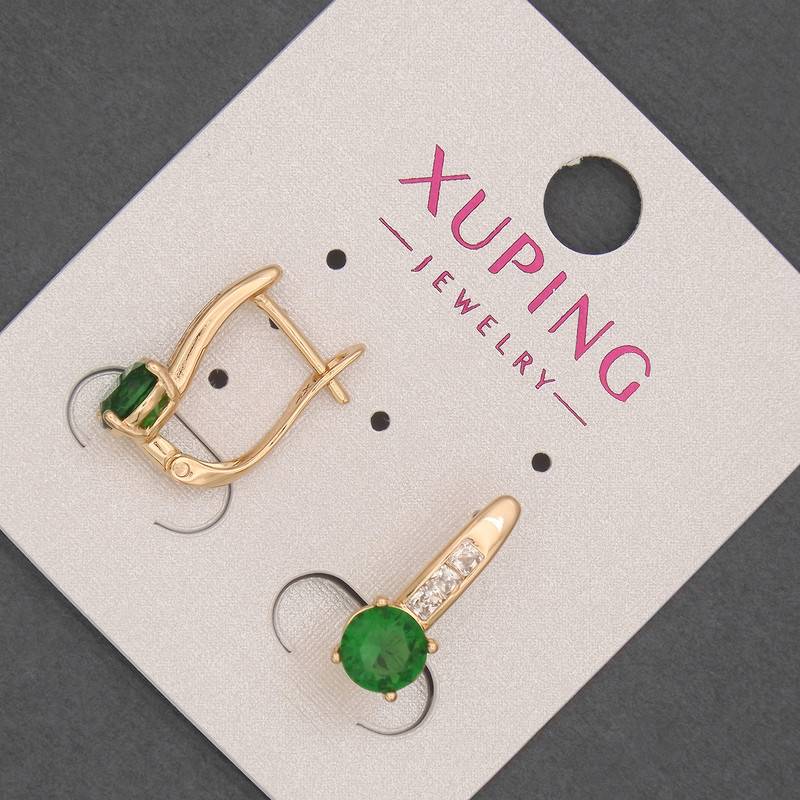 Xuping Earrings with White Rhinestones and Green Crystal, 6mm Ø +-, length 17mm +-, 18K Gold Plating