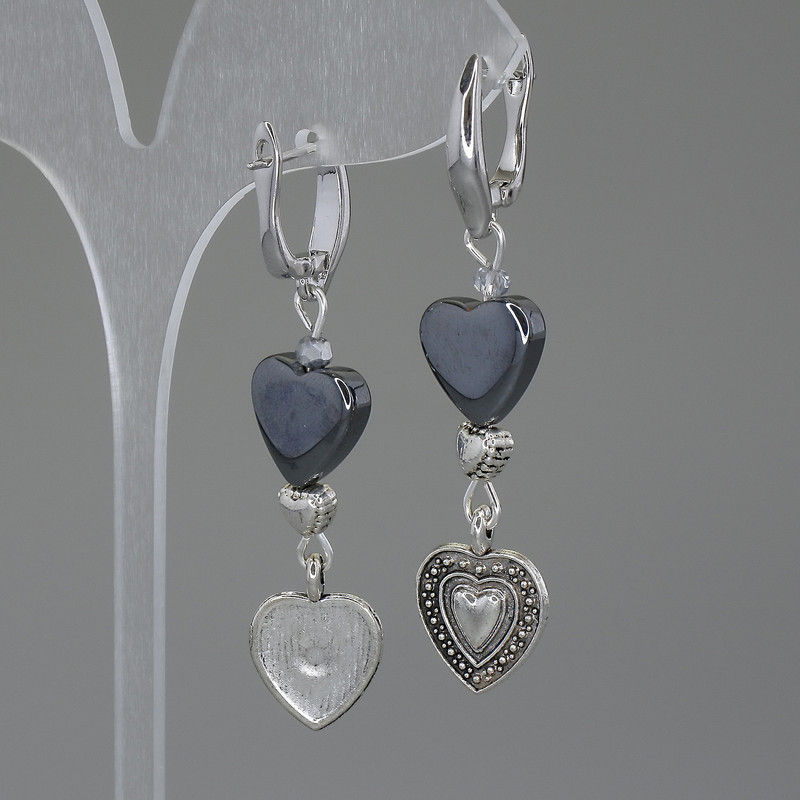 Hematite Heart Earrings, diameter 12mm±, length 55mm±