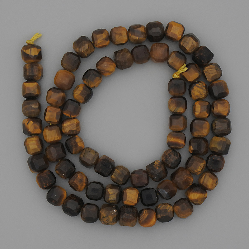 Tiger's Eye Beads Faceted Cube 5x5 mm on Thread, 39 cm length +