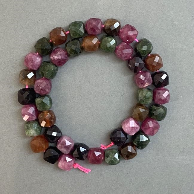 Tourmaline Beads Faceted Cube 9x9mm+ on Thread, 37cm+ Length