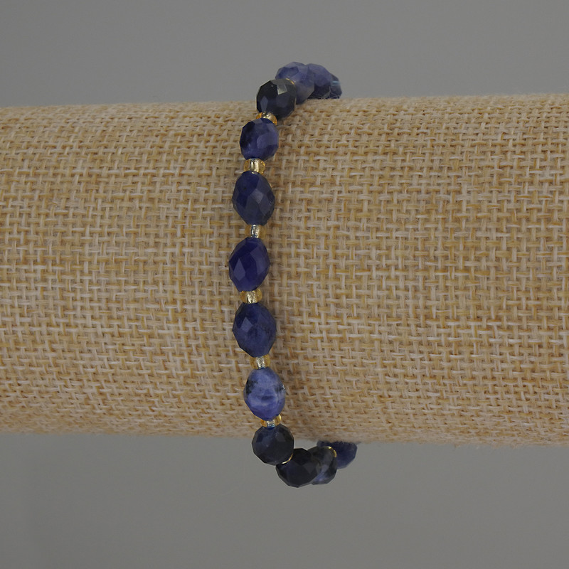 Sodalite Bead Bracelet 8x6 mm Faceted Beads + 3 mm Seed Beads, Stretch Length 18 cm