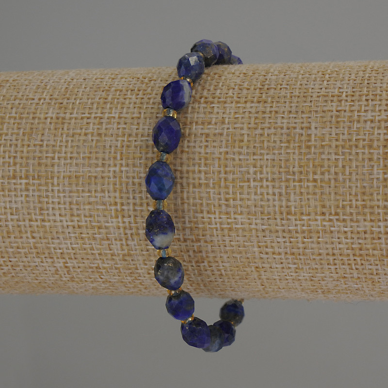 Lapis Lazuli Faceted Bead Bracelet, 8x6mm±, with 3mm+ seed beads, 18cm length, stretch
