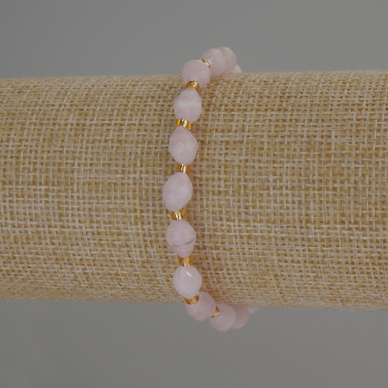 Bracelet Rose Quartz Faceted Beads, 8x6mm+- with 3mm+ seed beads, 18cm length, stretch