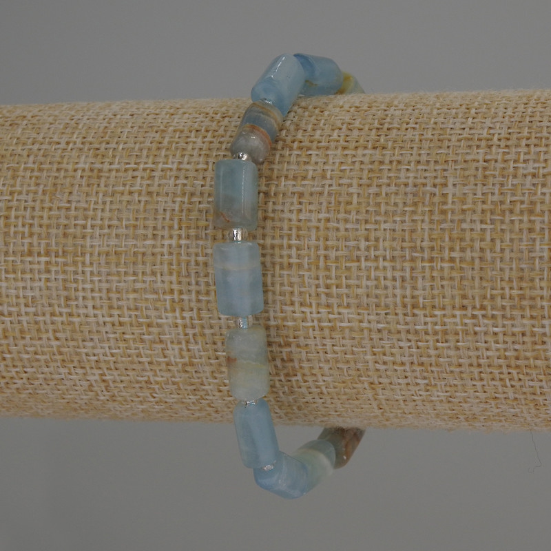 Blue Calcite Bracelet Cylindrical Beads 10×6mm ± with 3mm+ seed beads, length 18cm ± Stretch