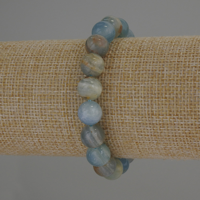 Blue Calcite Bracelet with Smooth Round Beads, 10mm dia., 18cm length, stretch
