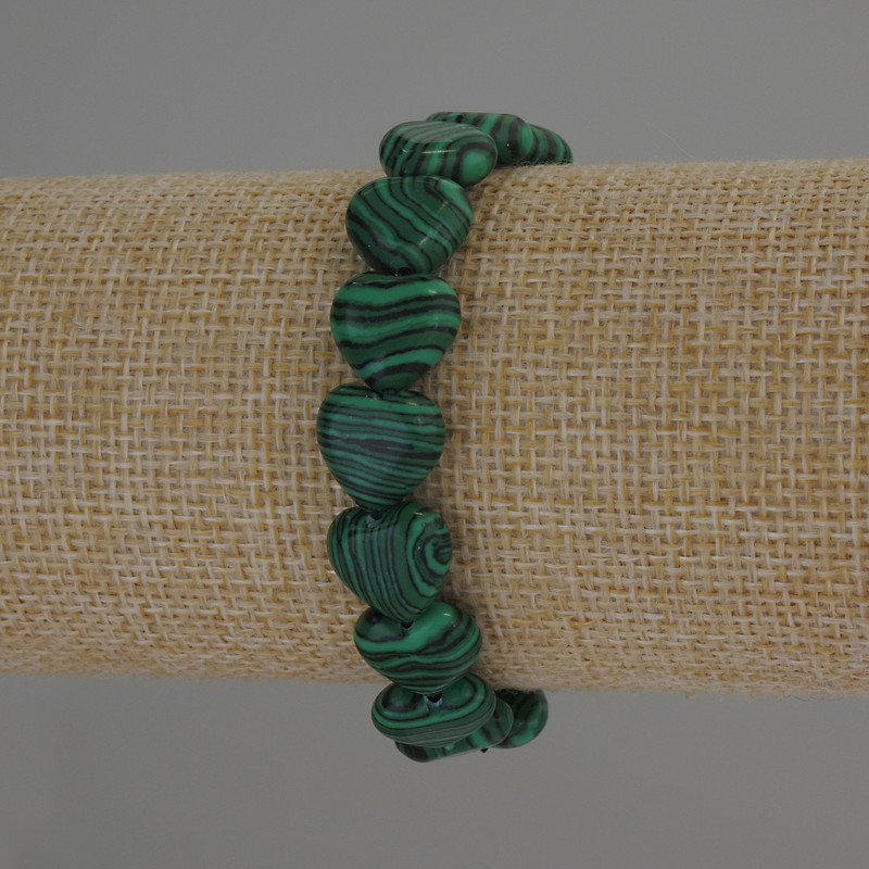 Malachite Heart Bracelet, 12x12mm diameter hearts, 18cm length stretch