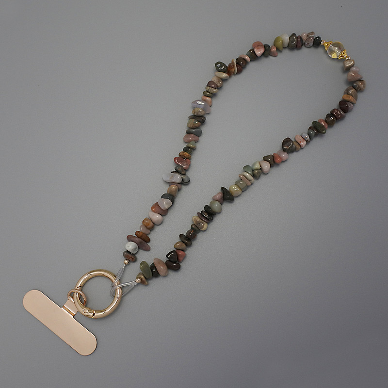 Phone charm with Jasper chip 6-10×2.5 mm ± ring, 24 mm diameter loop, 40 cm length (beads length 37 cm)