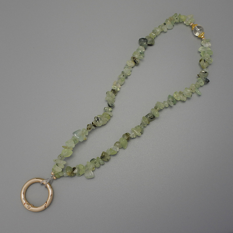 Keychain Fob Prehnite Chip 4-10x2-4mm+- ring, diameter 24mm, on-ear holes, length 40cm (on beads, length 37cm)