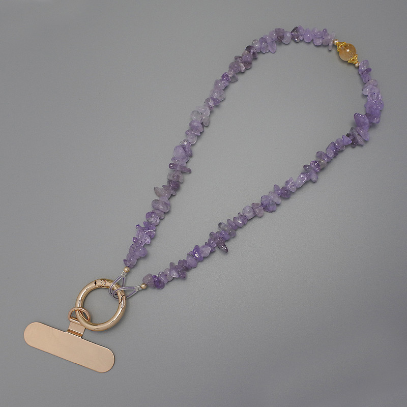 Phone charm with Amethyst shard 7x2-3 mm+- ring diameter 24 mm on ear, length 40 cm (by beads, length 37 cm)