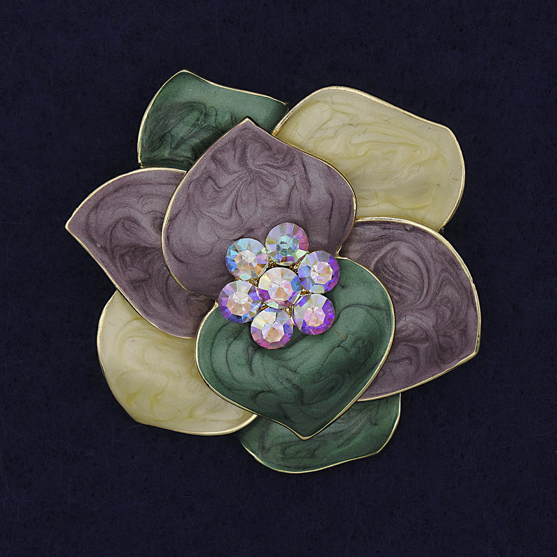 Brooch-Pendant Flower Multicolor Enamel with Crystals 48mm+- Gold-Tinish Metal