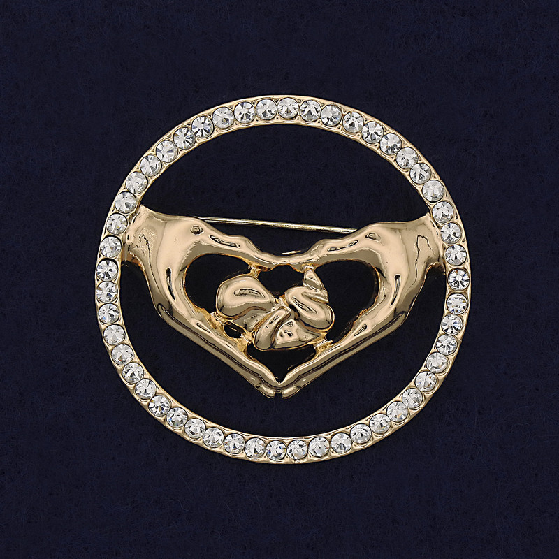  Brooch Heart with White Crystals, Golden Metal 38mm+