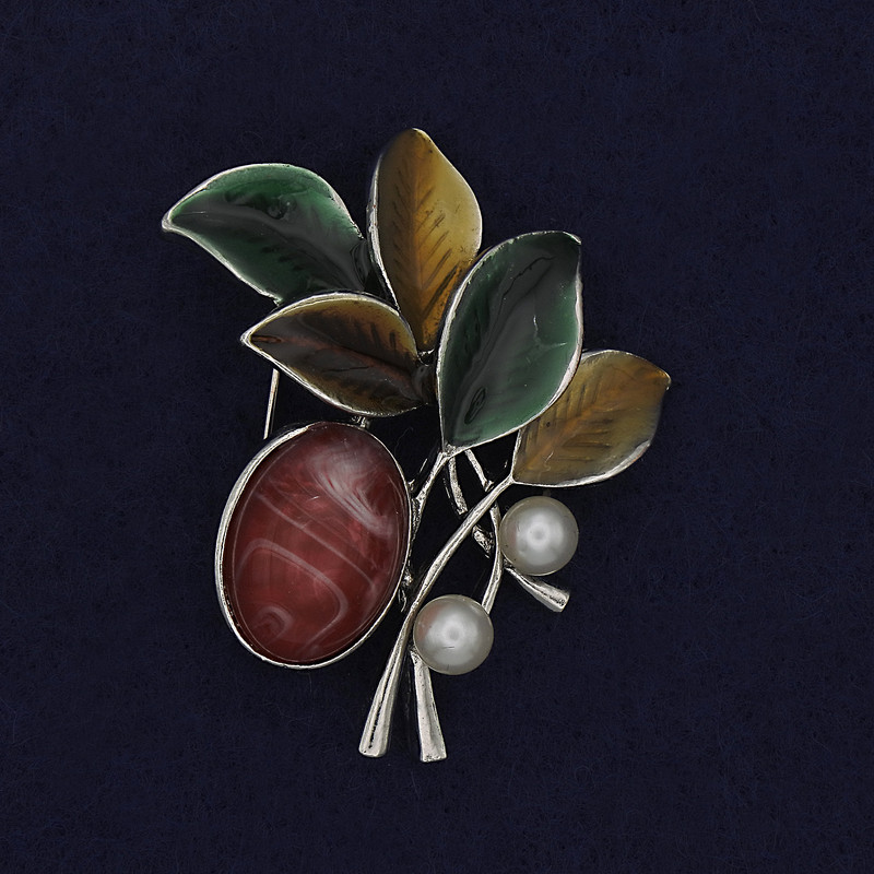 Brooch sprig with cabochon and pearls, colored enamel, silver-tone metal 48x40mm+