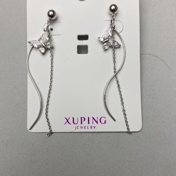 Xuping Earrings with White Rhinestones, 67mm length, Rhodium plated