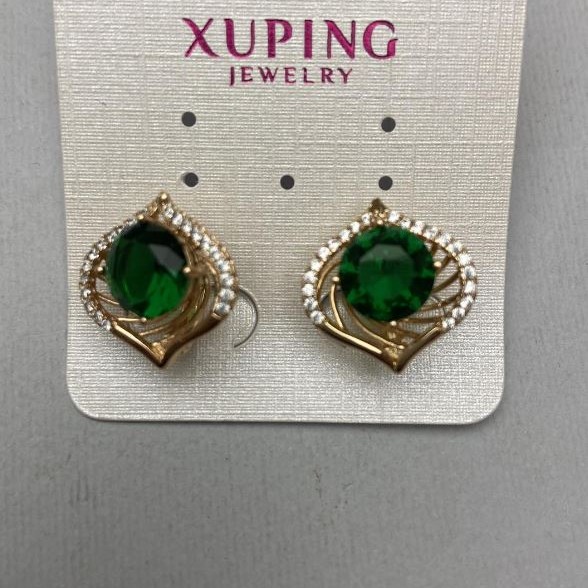Xuping Earrings with White Crystals and Green Crystal, 17mm± diameter, 17mm± length, 18K Gold Plating