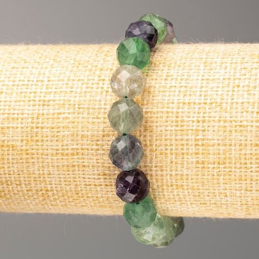 Fluorite Bracelet with Natural Stone, Faceted Round Beads, 10mm Ø, Stretchy 18cm