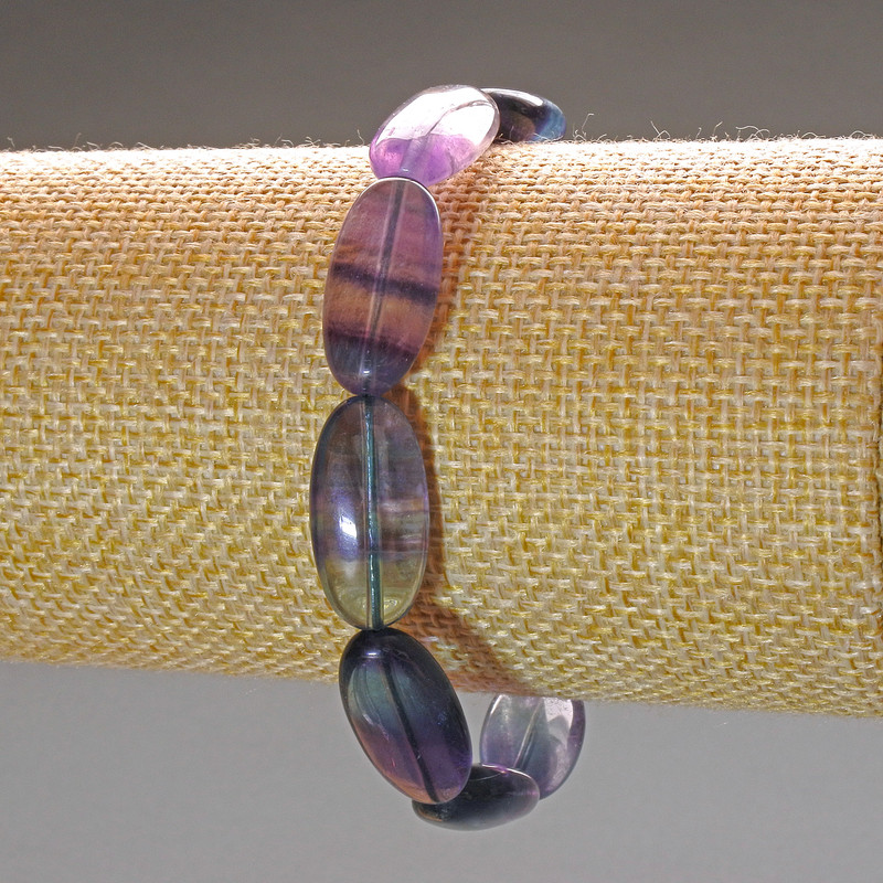 Fluorite Bracelet with Natural Stone Oval Beads, 10x20mm, Stretch, 18 cm