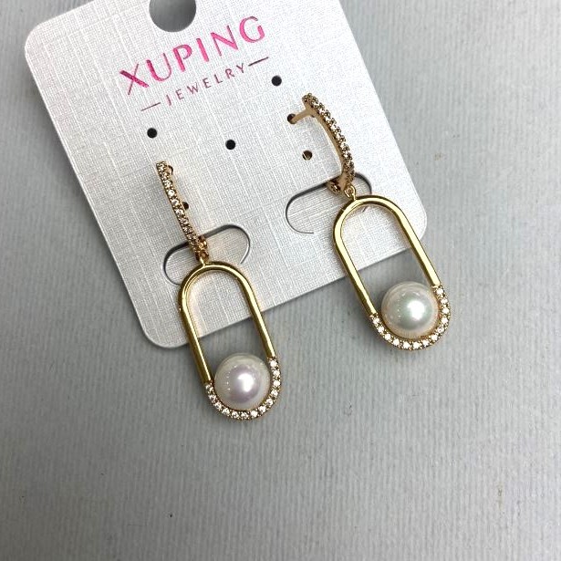 Earrings Xuping with white rhinestones and a Mallorca pearl, diameter 8mm +- , length 40mm +- , 18K gold plating