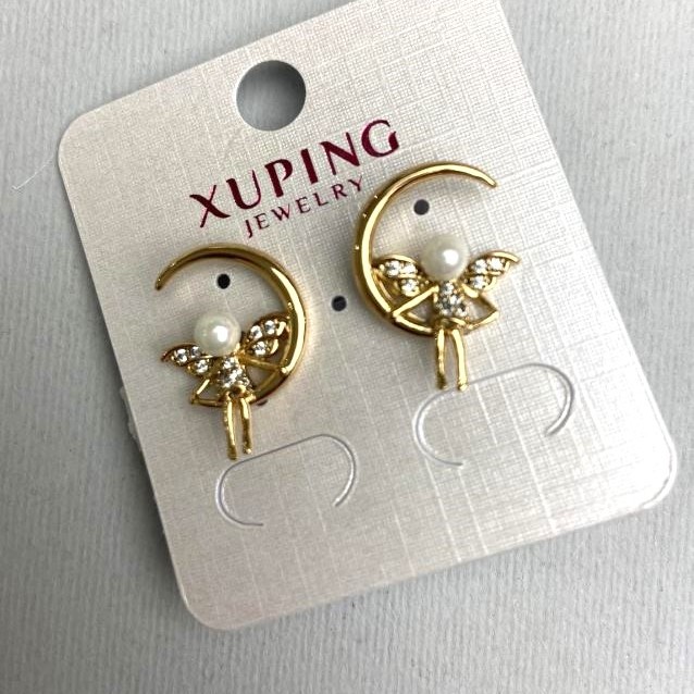 Xuping Earrings with White Crystals and Pearl, 4mm+- Pearl Diameter, 14x20mm+- 18K Gold Plating