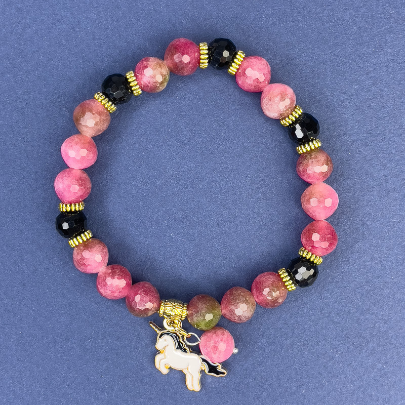 Tourmaline Bead Bracelet, 8mm diameter ±, Czech Crystal Bead, 7mm diameter ±, length 18cm ±, stretch