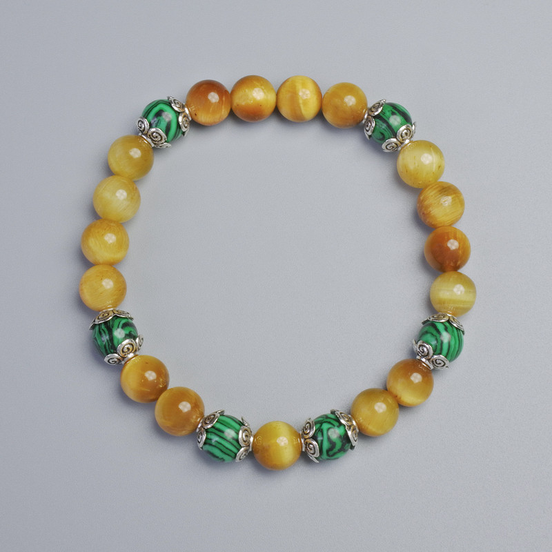 Bracelet with Cat's Eye and Malachite, smooth 8mm beads ± (stretch), length 18cm± with metal inserts