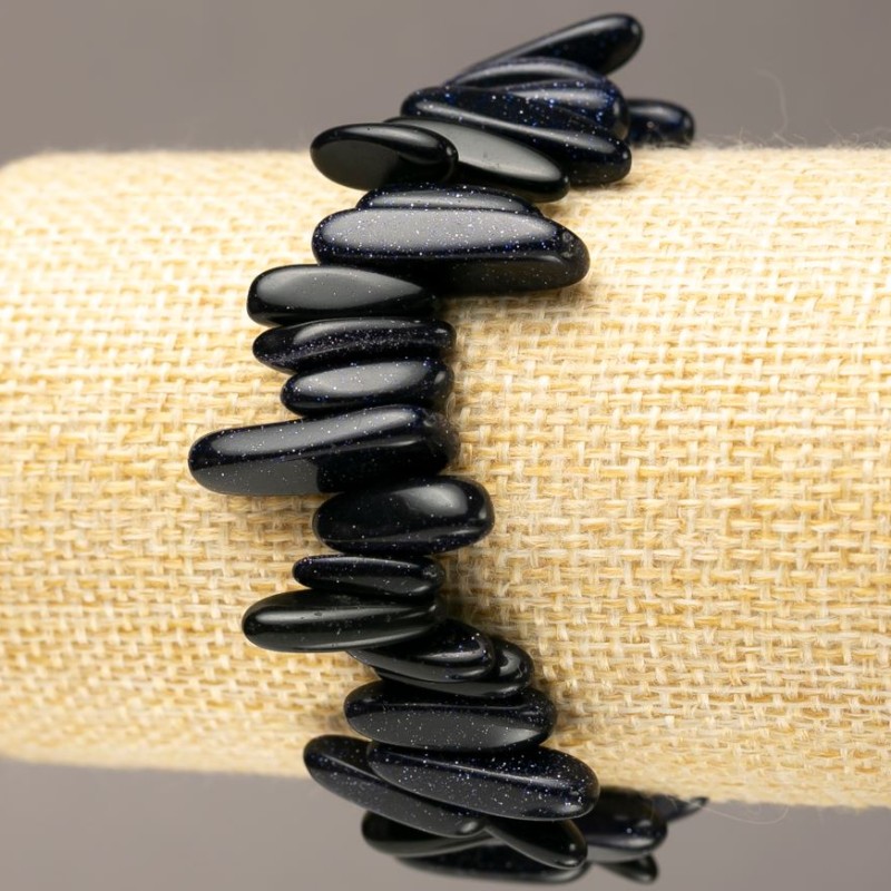 Bracelet with natural aventurine "Blue Sand of Cairo Night" nugget "needle" on elastic d 13-24×3-6(±)mm circumference 18cm