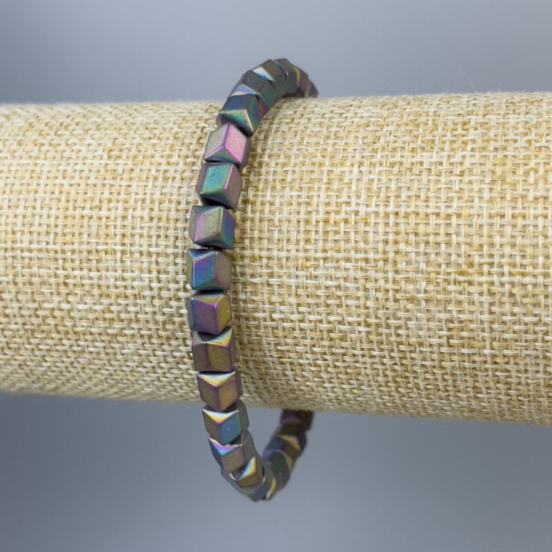 Hematite Bracelet with Rainbow Matte Hexagonal Zigzag Beads, 6x6mm, stretchy 18cm±