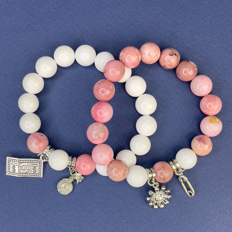 White Agate and Rhodochrosite Bracelet Set (elastic) Bead, diameter 10mm±; Rhodochrosite bead, diameter 10mm±; length 18cm±