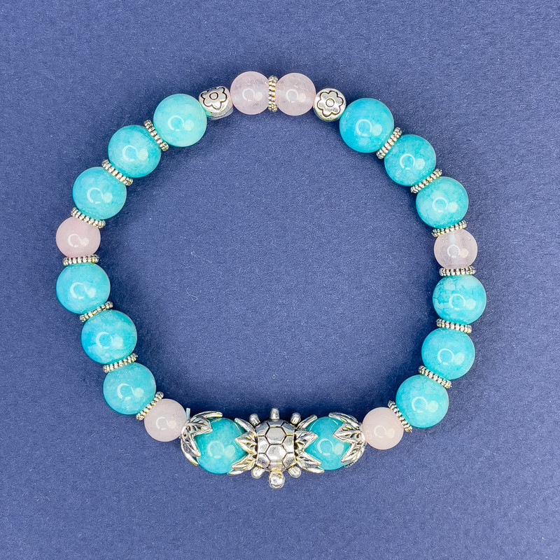 Bracelet Aquamarine bead, diameter 8mm Pink Quartz bead, diameter 6.5mm+, length 18cm+, stretch