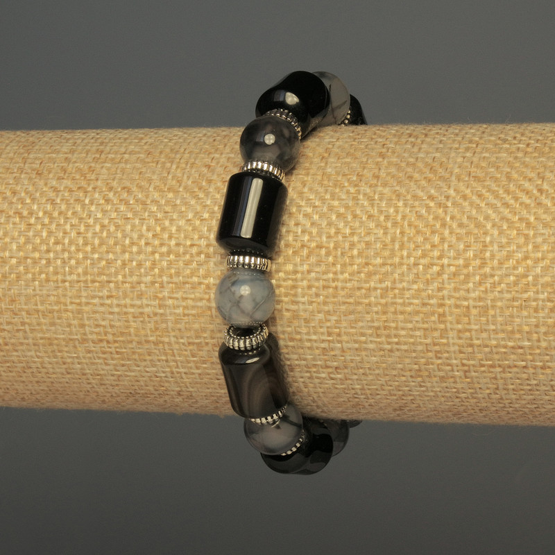 Agate Bracelet - Dragon Veins Cylinder Beads 14x108mm±, Dragon Veins sphere 10mm±, length 18cm±, stretch