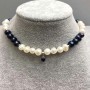 Choker in black and white River pearls, oval 8x6-7mm+- with pendant, length 38mm+- with extender chain