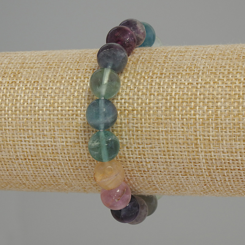 Fluorite Bracelet with Natural Stone Smooth Beads, 10mm ±, length 18cm ± (stretch)