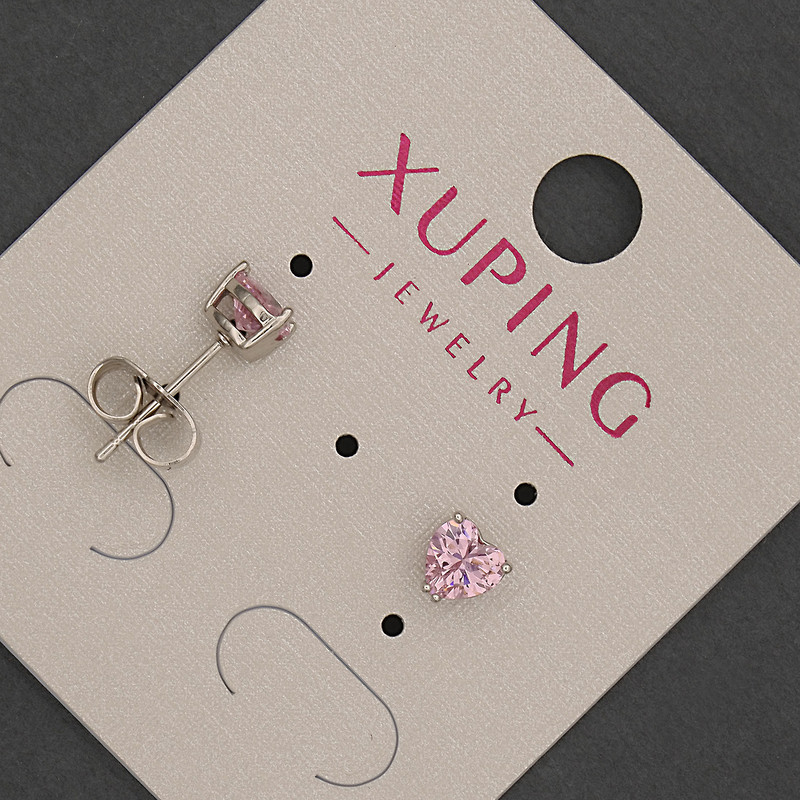 Earrings studs Xuping heart with pink crystal, diameter 5mm± rhodium