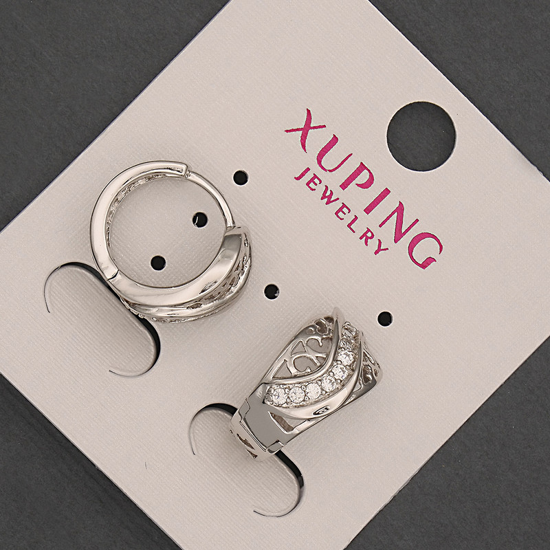 Xuping Earrings with White Rhinestones, 9×16 mm diameter ± Rhodium