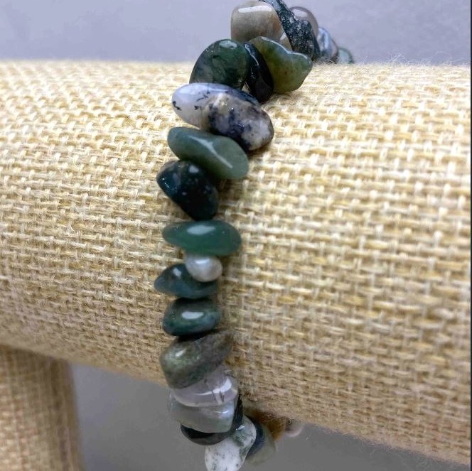 Bracelet with Natural Stone Moss Agate Chip, diameter 10x5mm, length 18cm, stretch