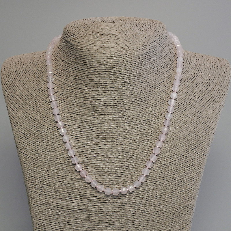 Necklace Rose Quartz Faceted Cube, 5mm diameter, 45cm length with clasp