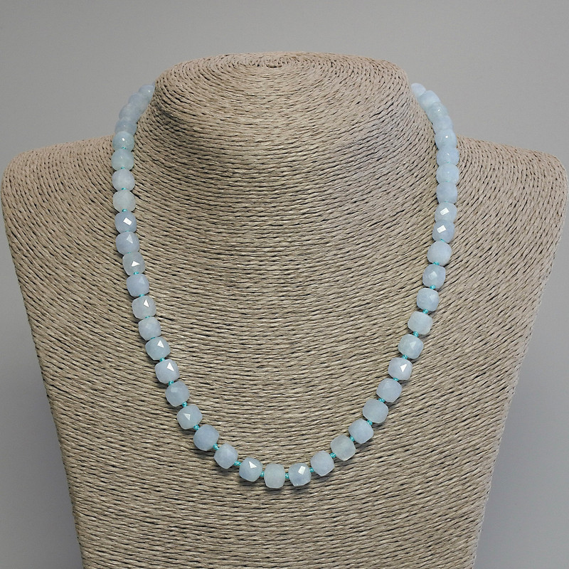 Aquamarine Bead Necklace - graduated cube, diameter 7mm±, length 45cm± with clasp